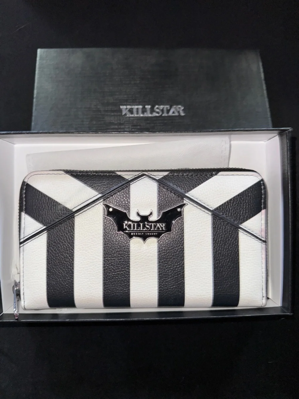 Killstar Black and White Striped Zip-Around Wallet with Bat Emblem - Picture 1 of 3
